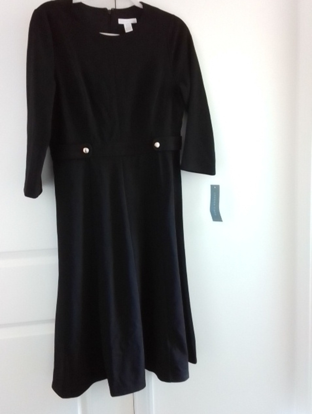 London Times Crepe Fit And Flare Long Sleeve Midi Dress With Waist Button
